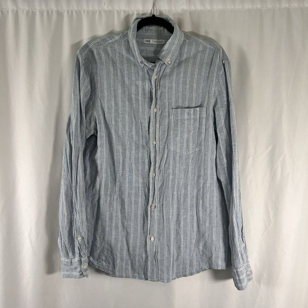 Zara Linen Blend Blouse Women's Medium Blue White Striped Long Sleeve Button Up